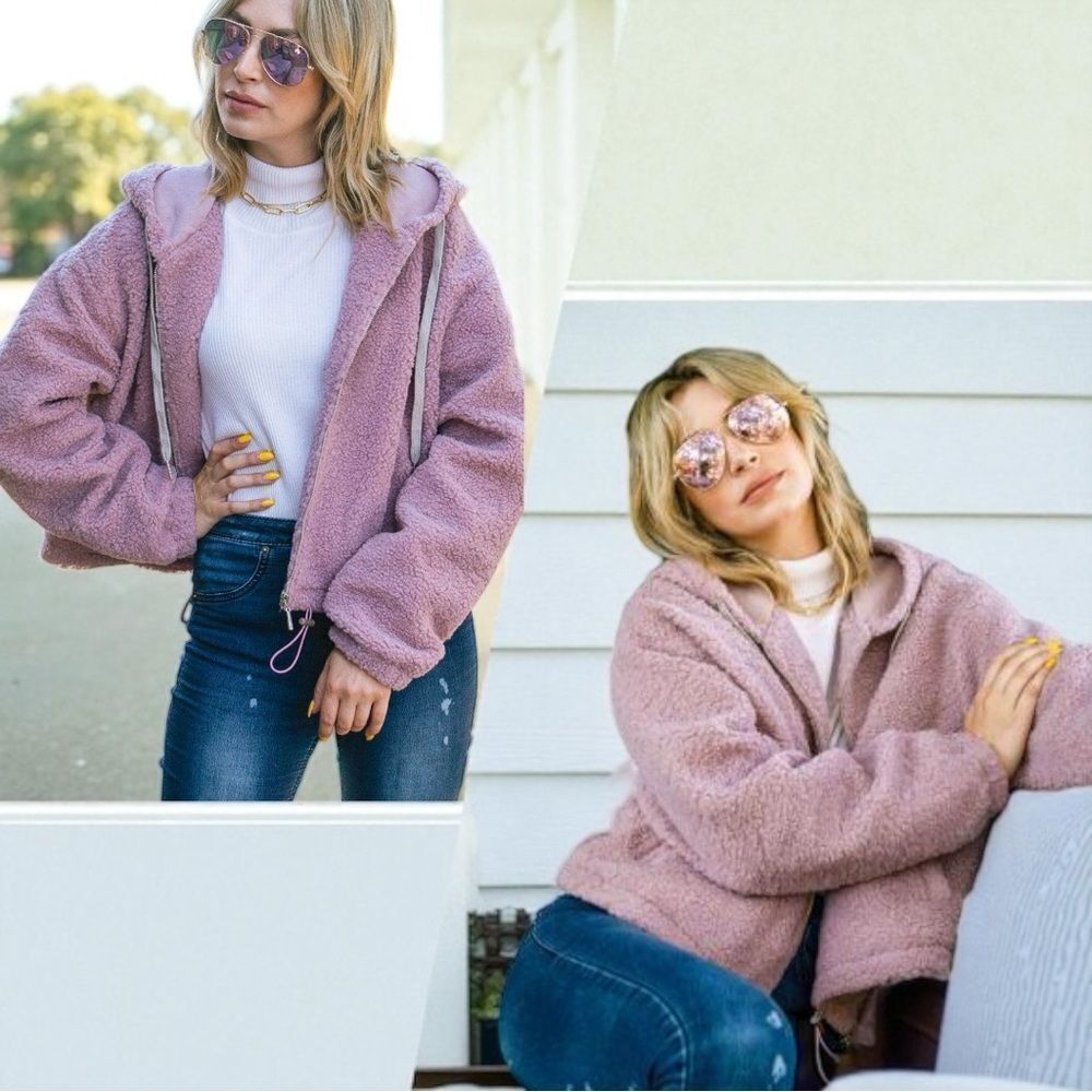 Dusty Pink Sherpa Drawstring Cropped Hooded Jacket Large NWT - And The Why - Picture 6 of 17